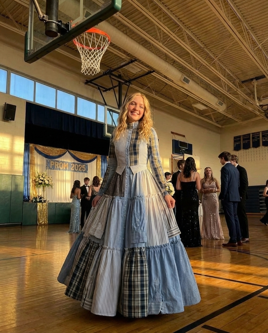 She Turned Her Father’s Work Shirts Into a Prom Dress — What Happened That Night Touched the Entire School