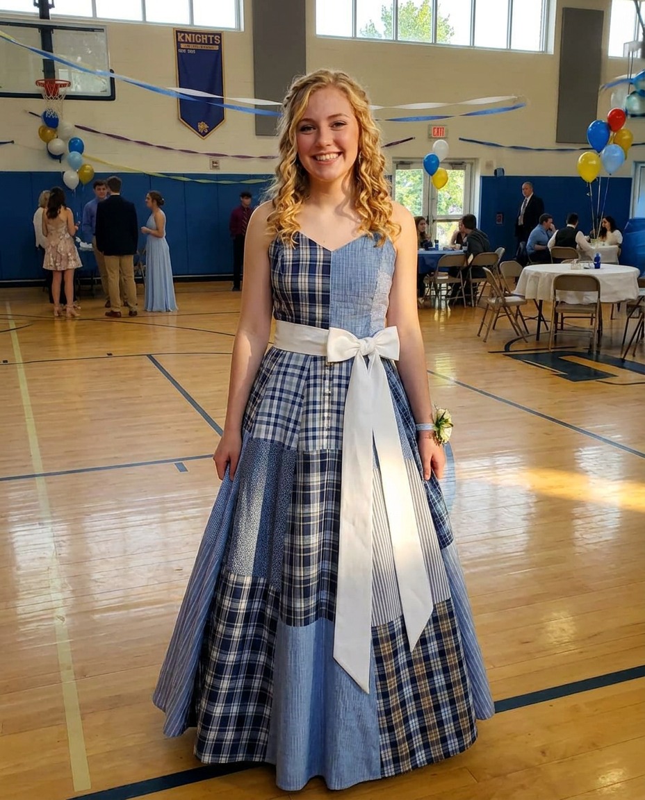 They Mocked the Dress I Made From My Father’s Old Work Shirts — Until the Principal Revealed the Truth About the Man Behind It