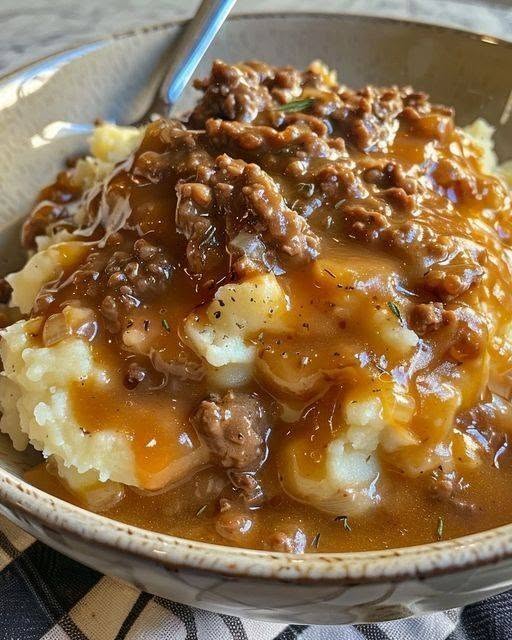 Creamy Mashed Potatoes with Rich, Slow-Simmered Beef Gravy