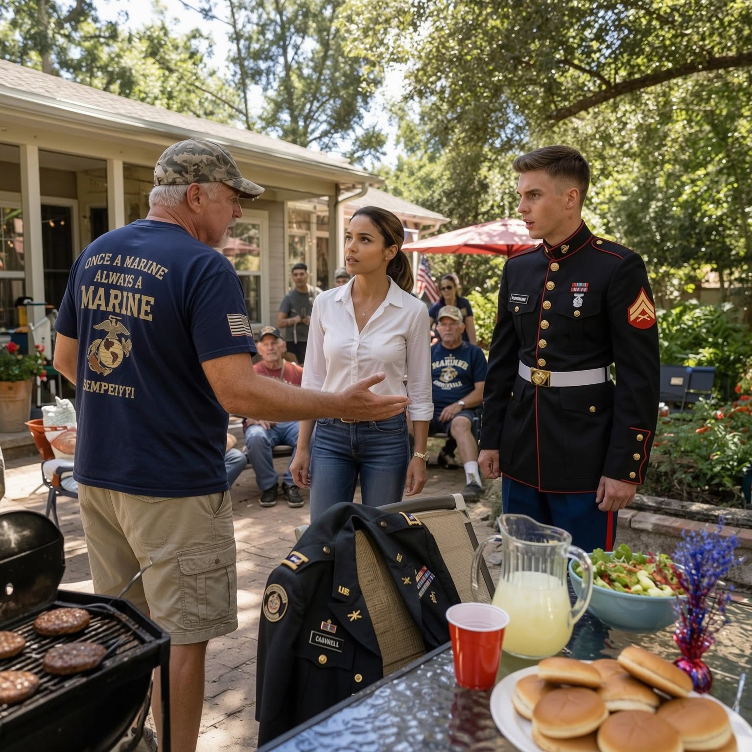 My Father-in-Law Told Me to Leave the Men’s Talk, But His Marine Son Saw My Army Jacket and Exposed Who I Really Was