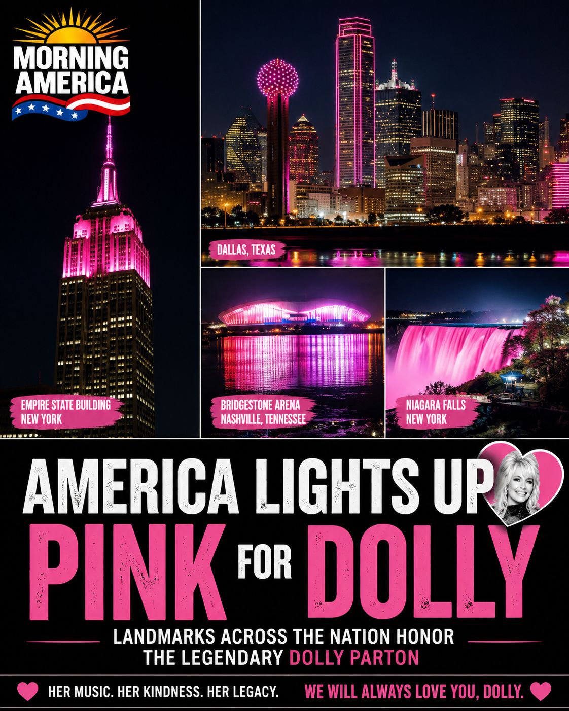 America Lights Up Pink for Dolly Parton as Landmarks Pay Tribute to a Country Music Legend America Lights Up Pink for Dolly Parton as Landmarks Pay Tribute to a Country Music Legend