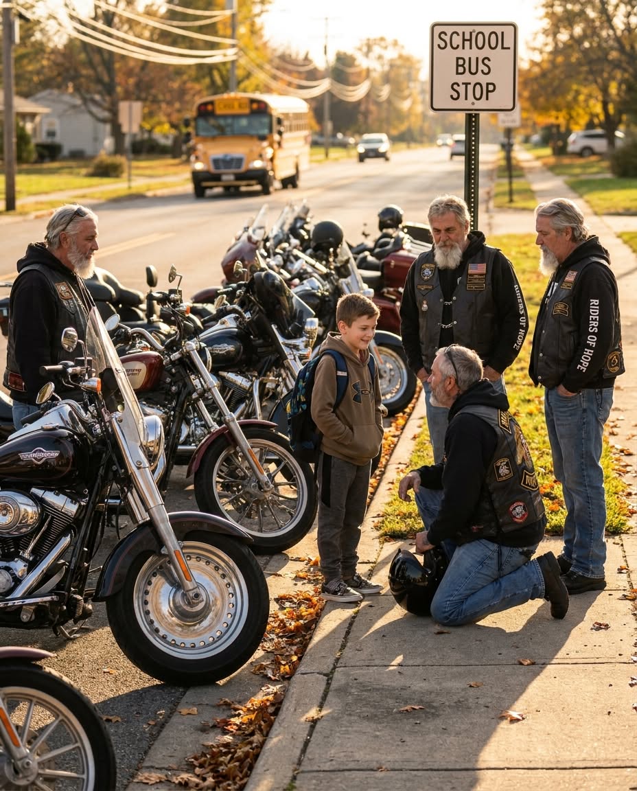 A Plumber Saw My Late Son’s Photo and Sat Down Slowly — Monday, 14 Motorcycles Escorted My Bullied Grandson to the Bus Stop