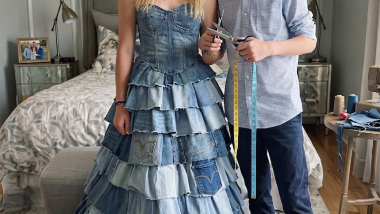 My stepmom refused to buy me a prom dress, so my 15-year-old brother made one from our late mom’s old jeans — she came to watch me get laughed at, until the principal took the mic