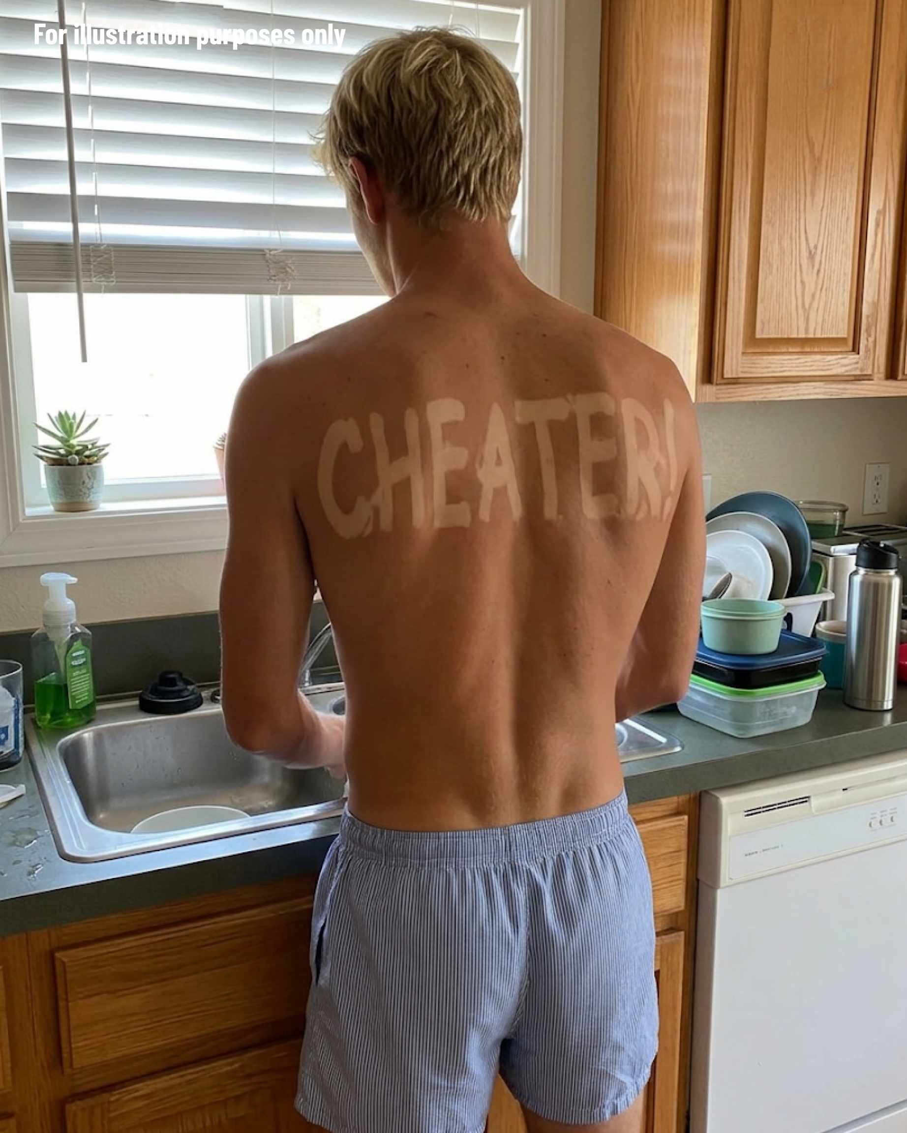 My husband returned from a five-day business trip with “CHEATER!” burned across his back