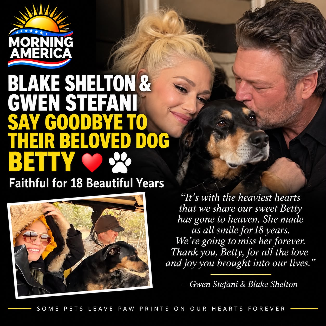 Blake Shelton and Gwen Stefani Say Goodbye to Beloved Dog Betty After Years of Precious Memories Blake Shelton and Gwen Stefani Say Goodbye to Beloved Dog Betty After Years of Precious Memories